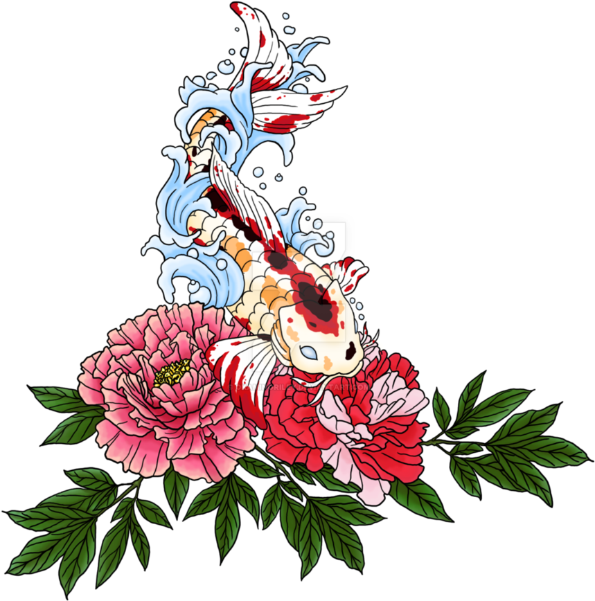 Koi Fishand Peony Illustration PNG Image