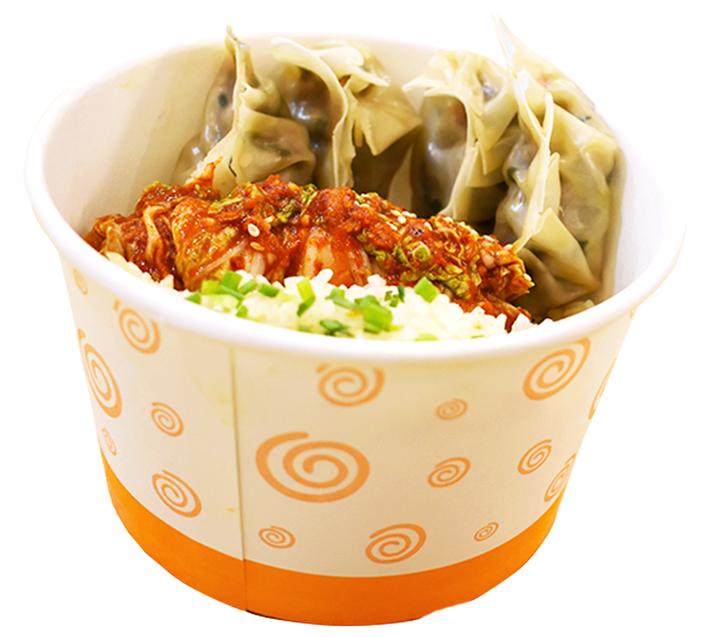 Korean Dumplingsand Spicy Chicken Bowl PNG Image