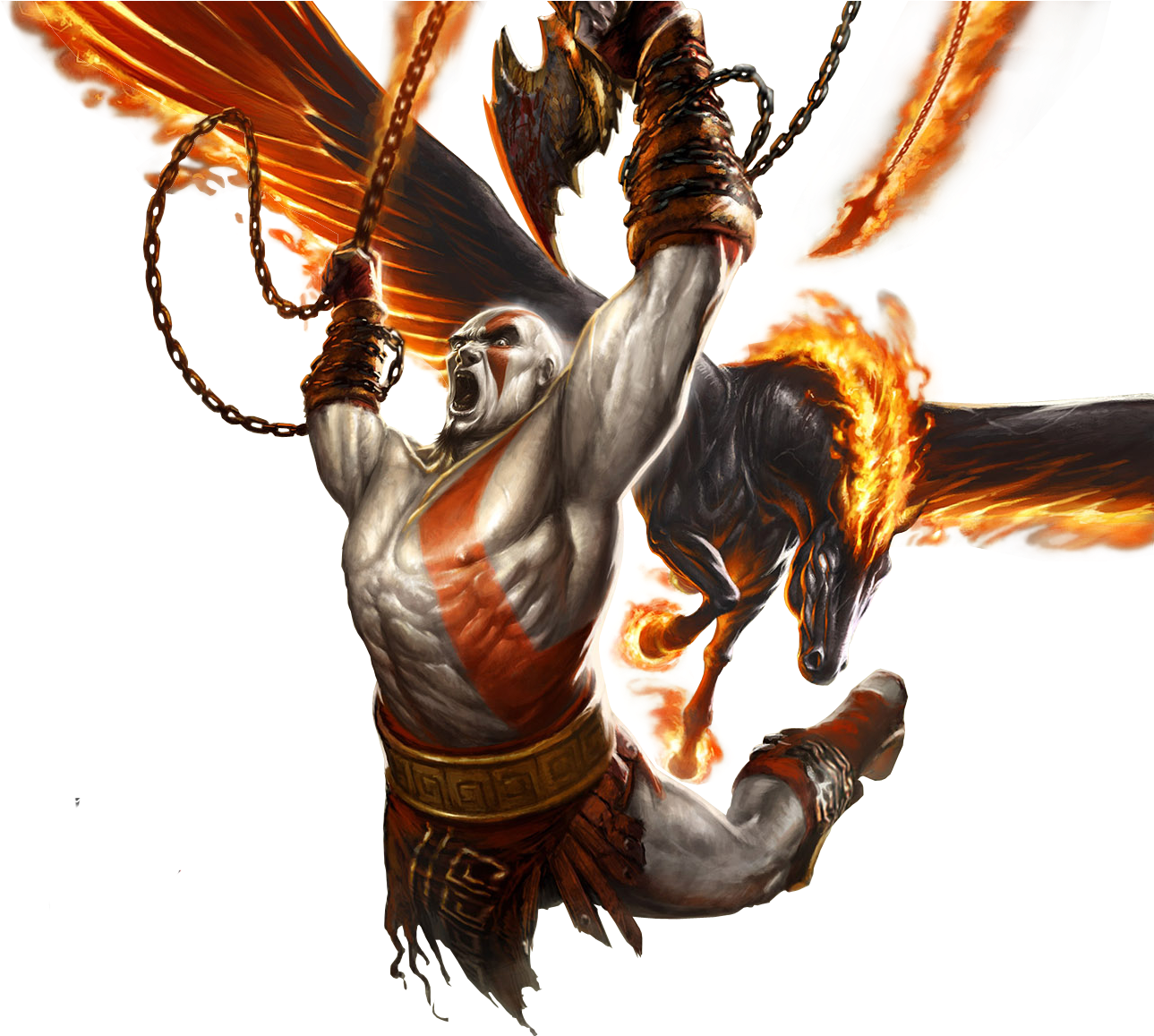 Kratos_ Fury_ Chains_ Flaming_ Blades PNG Image