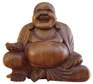 Laughing Buddha Wooden Sculpture PNG Image