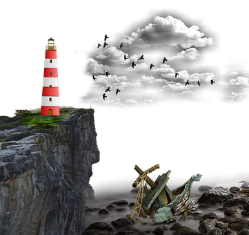 Lighthouse Cliffand Shipwreckat Night PNG Image