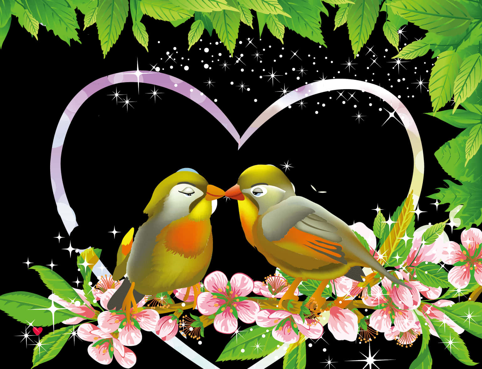 Lovebird Kiss Floral Heart Background PNG Image