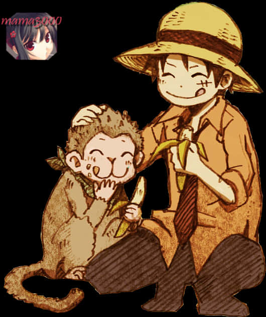 Luffyand Monkey Sharing Banana PNG Image