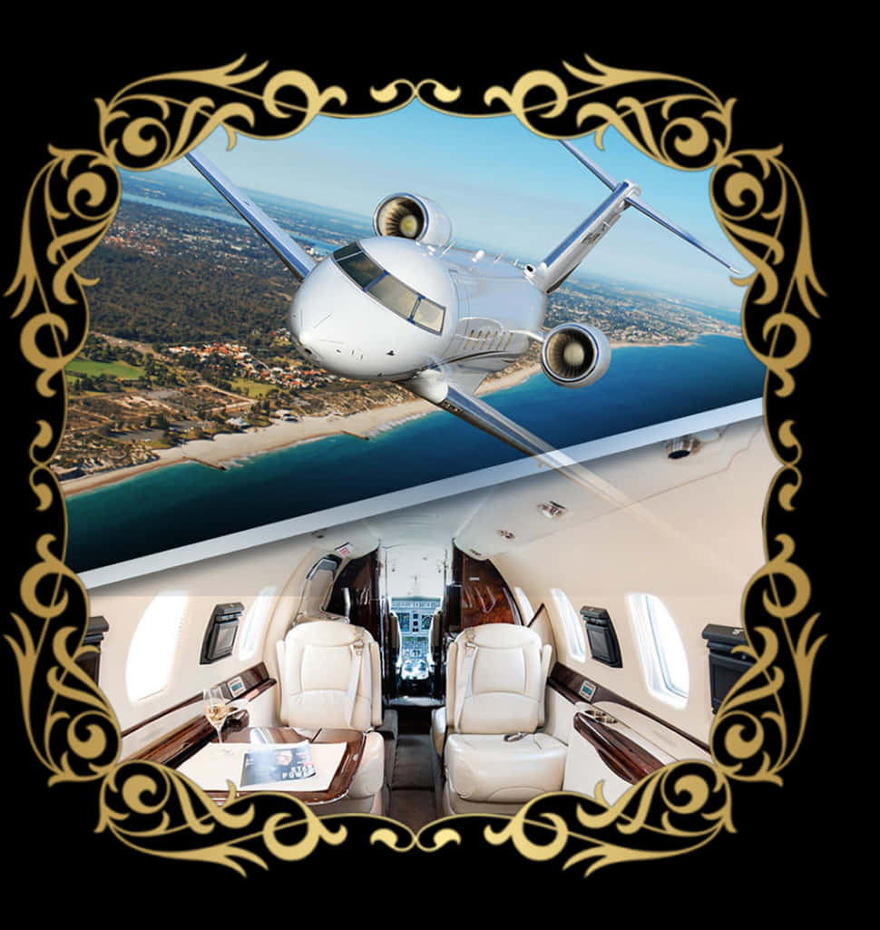 Luxury Jet Through Golden Frame PNG Image