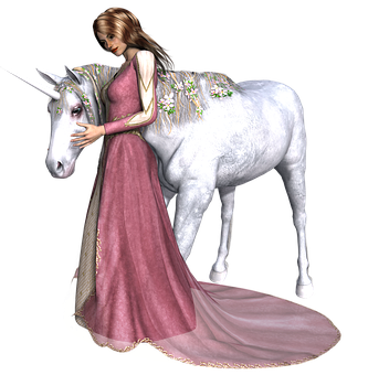 Maiden_with_ White_ Unicorn PNG Image