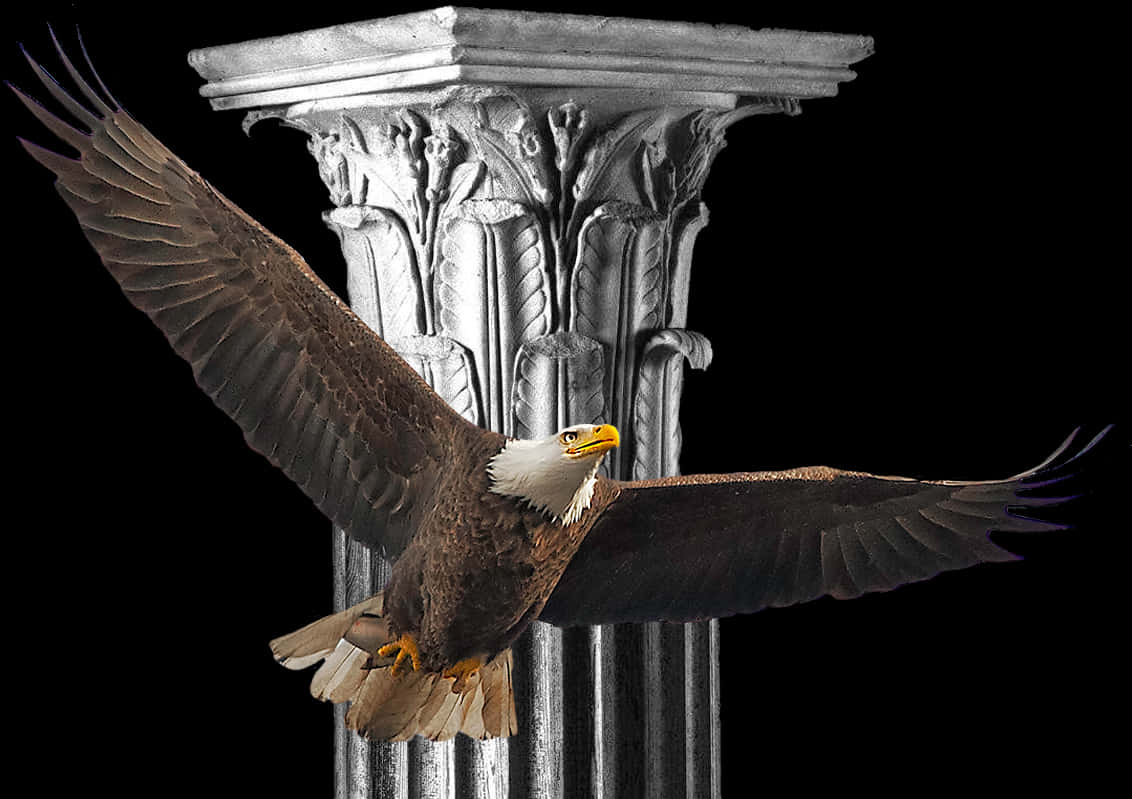 Majestic Eagle In Flight Over Column PNG Image