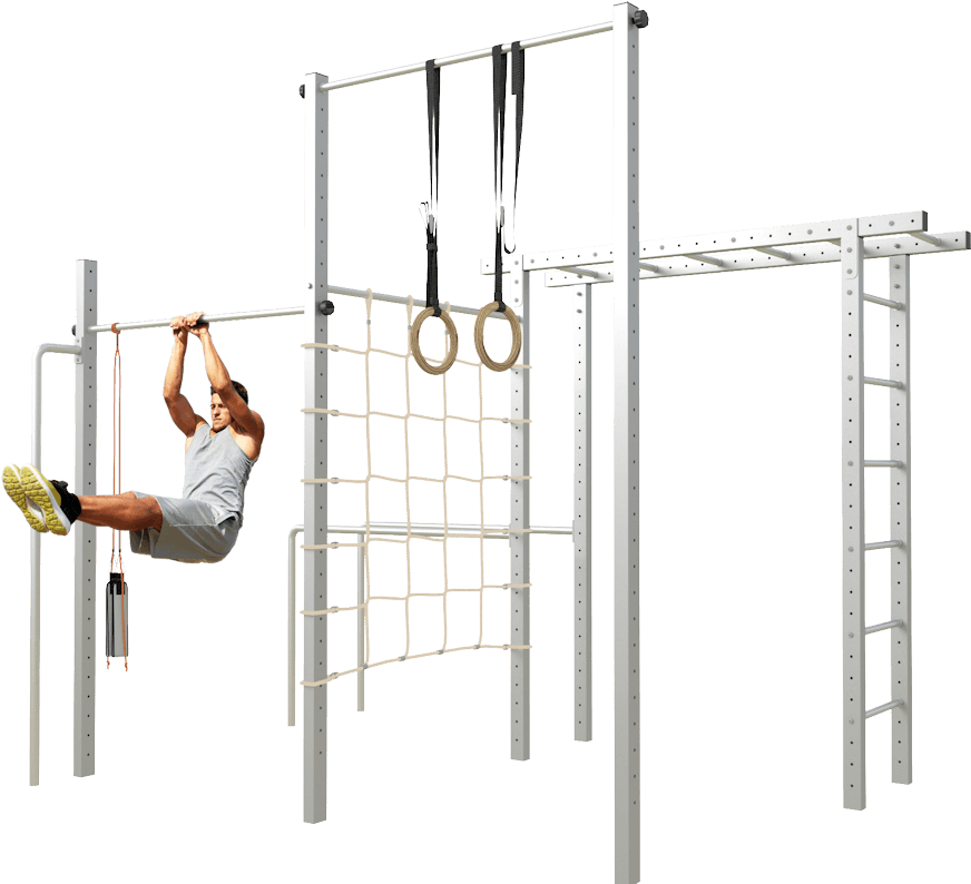 Man Performing Pull Up On Outdoor Gym Equipment PNG Image