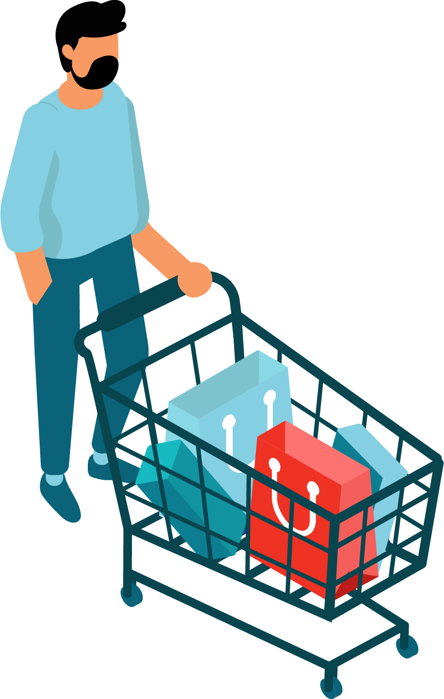 Man Pushing Shopping Cart Illustration PNG Image