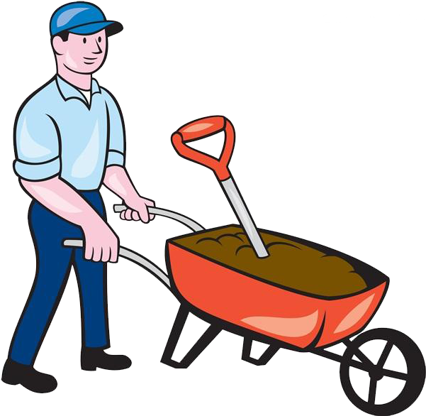 Man Pushing Wheelbarrow Cartoon PNG Image