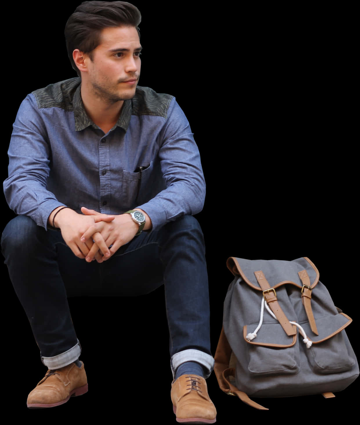 Man Sitting With Backpack PNG Image