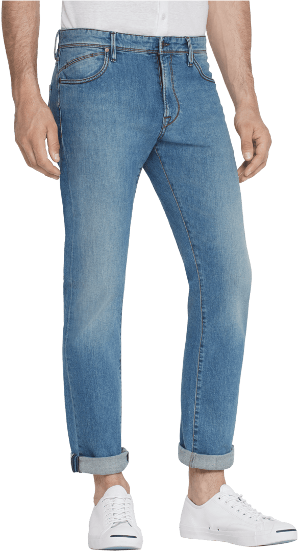 Man Wearing Blue Jeansand White Sneakers PNG Image