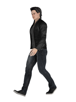 Manin Black Jacketand Jeans Walking PNG Image