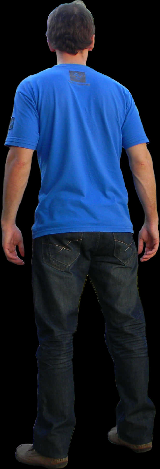 Manin Blue Shirt Standing Back View PNG Image