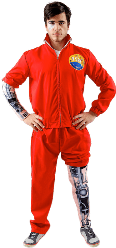 Manin Red Tracksuitwith Bionic Leg Tattoo PNG Image