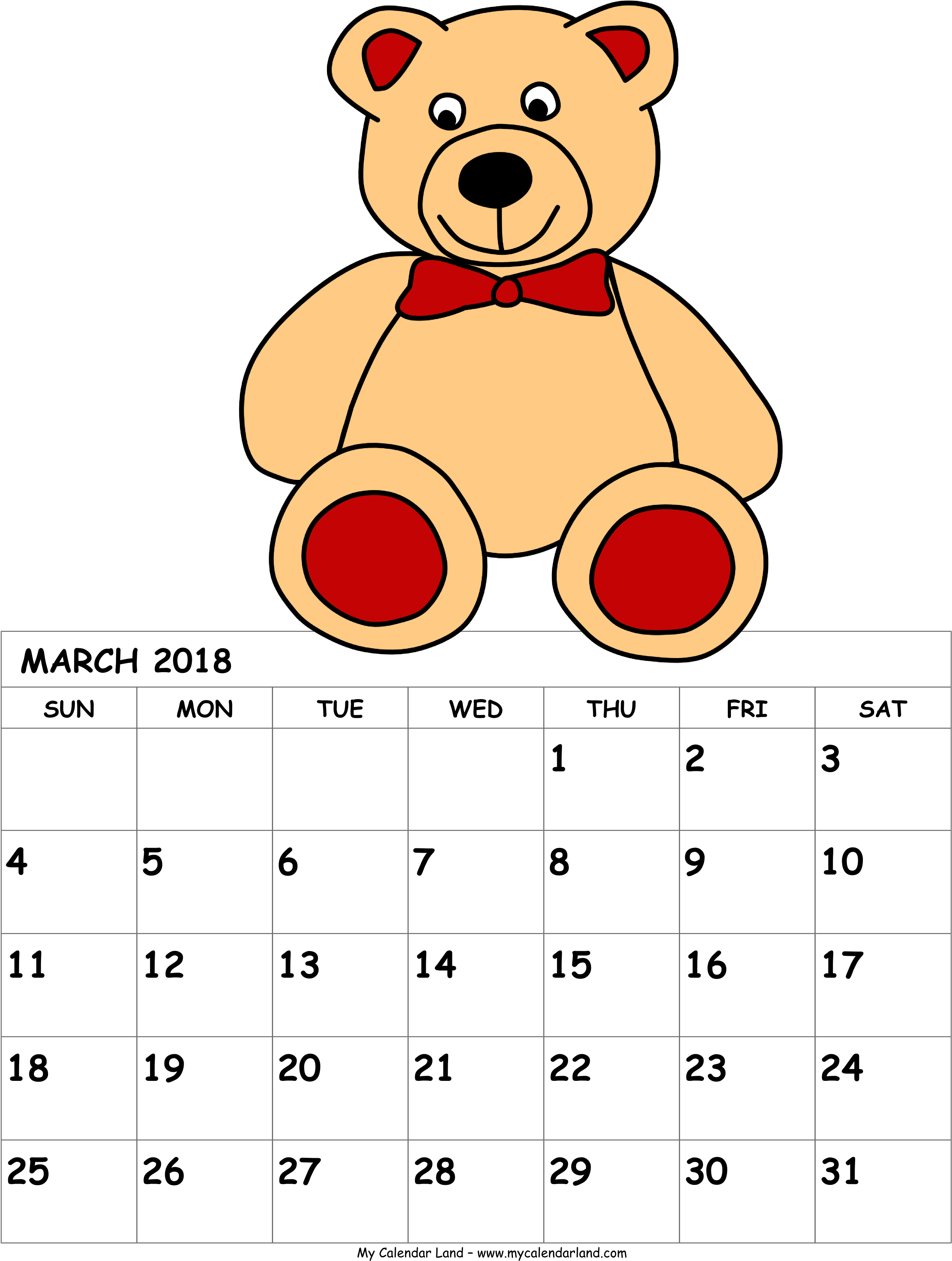 March2018 Teddy Bear Calendar Clipart PNG Image