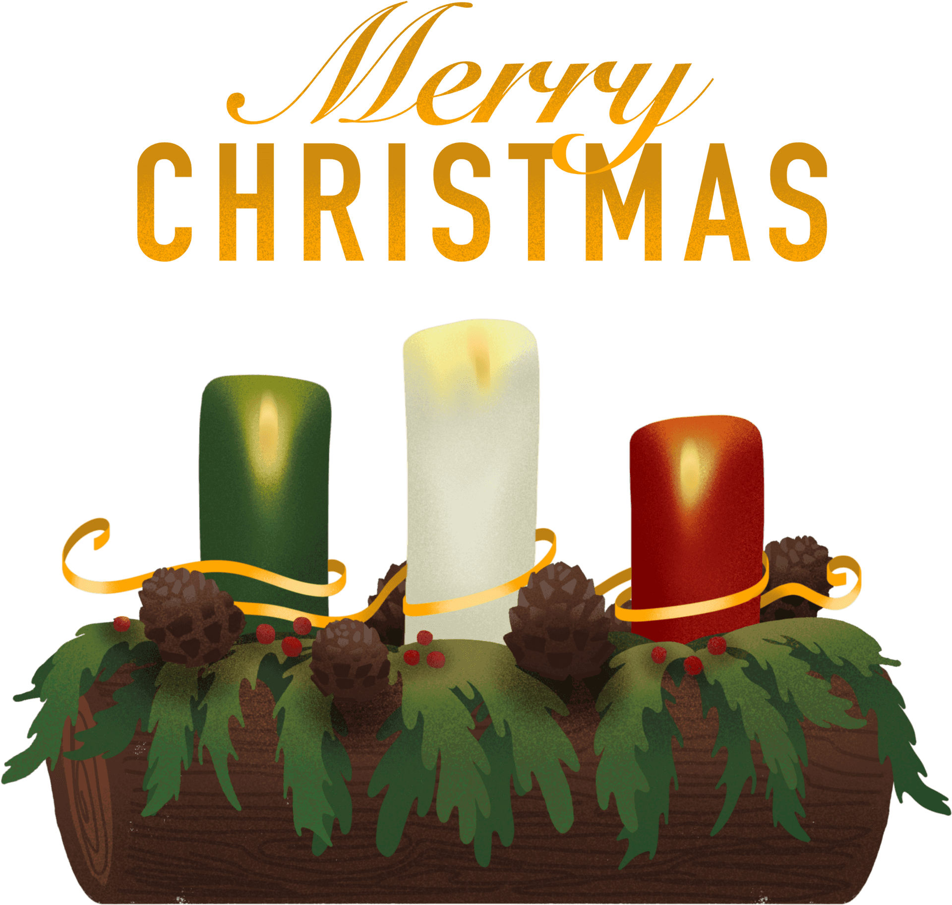 Merry Christmas Candlesand Pine Decoration PNG Image