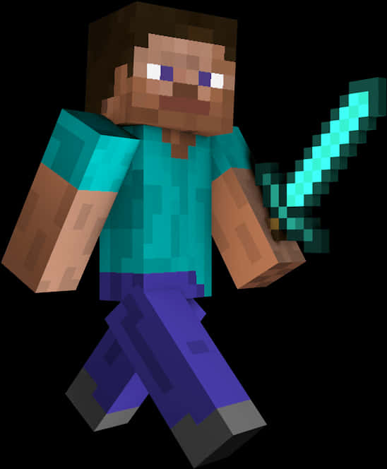 Minecraft Steve With Diamond Sword PNG Image