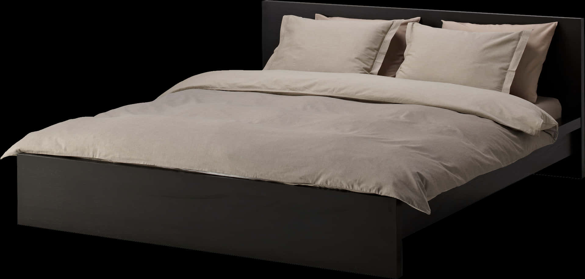 Modern Black Bedwith Neutral Bedding PNG Image