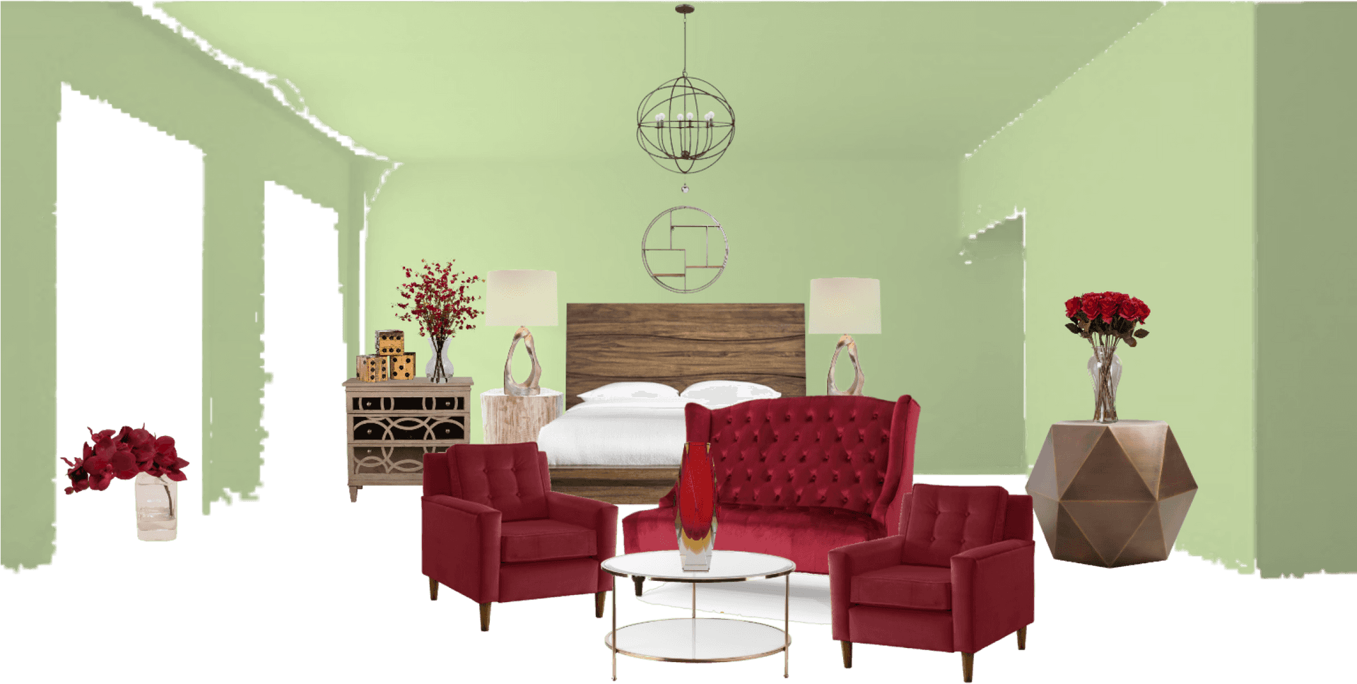 Modern Living Room Red Accents PNG Image