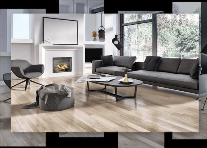 Modern Living Roomwith Wood Flooring PNG Image