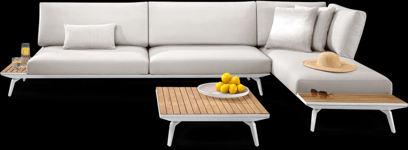 Modern White Sectional Sofaand Coffee Tables PNG Image