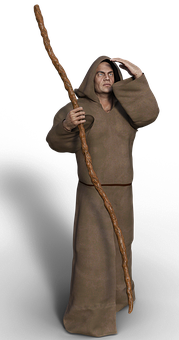 Monk_with_ Staff_in_ Hooded_ Robe PNG Image