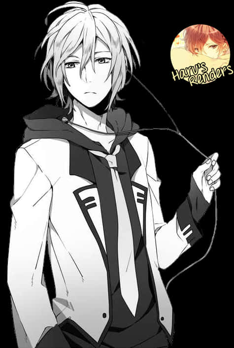 Monochrome_ Anime_ Boy_with_ Headphones PNG Image