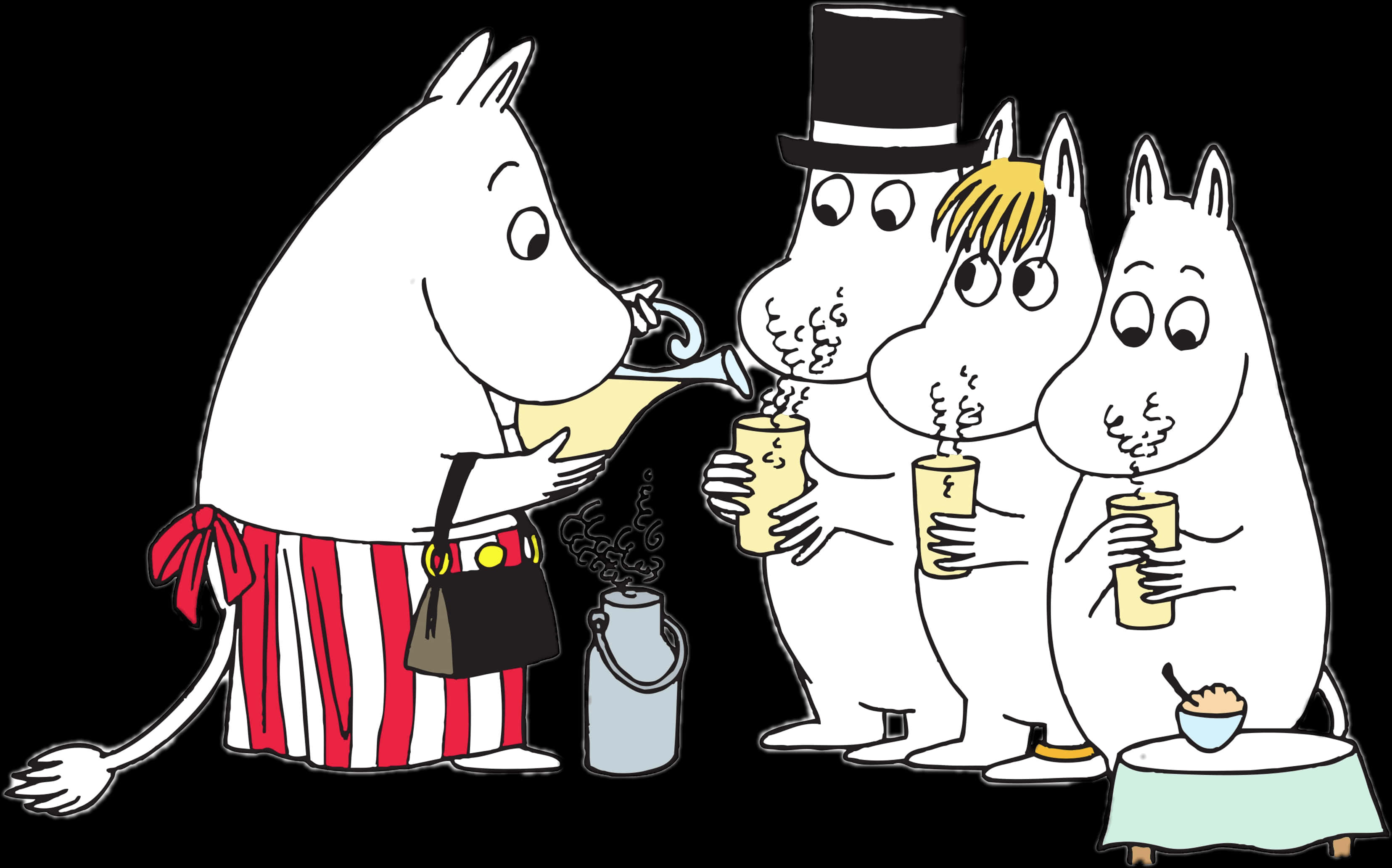 Moomin Characters Drinking Hot Beverage PNG Image