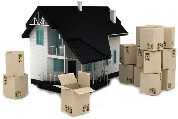 Moving Day Cardboard Boxesand House PNG Image