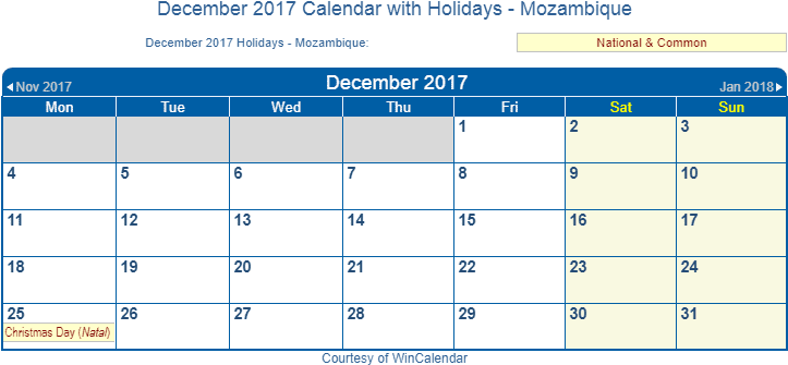 Mozambique December2017 Calendarwith Holidays PNG Image