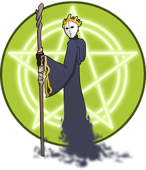 Mystical_ Figure_with_ Staff_and_ Pentagram_ Background PNG Image