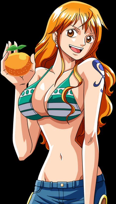 Nami One Piece Anime Character With Orange PNG Image