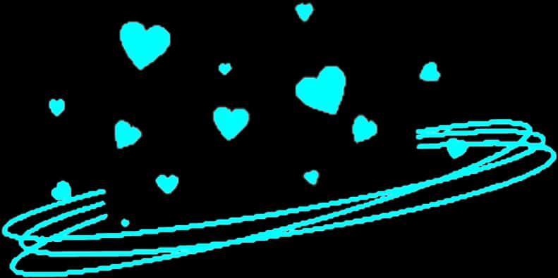 Neon Blue Ringed Planetand Hearts PNG Image