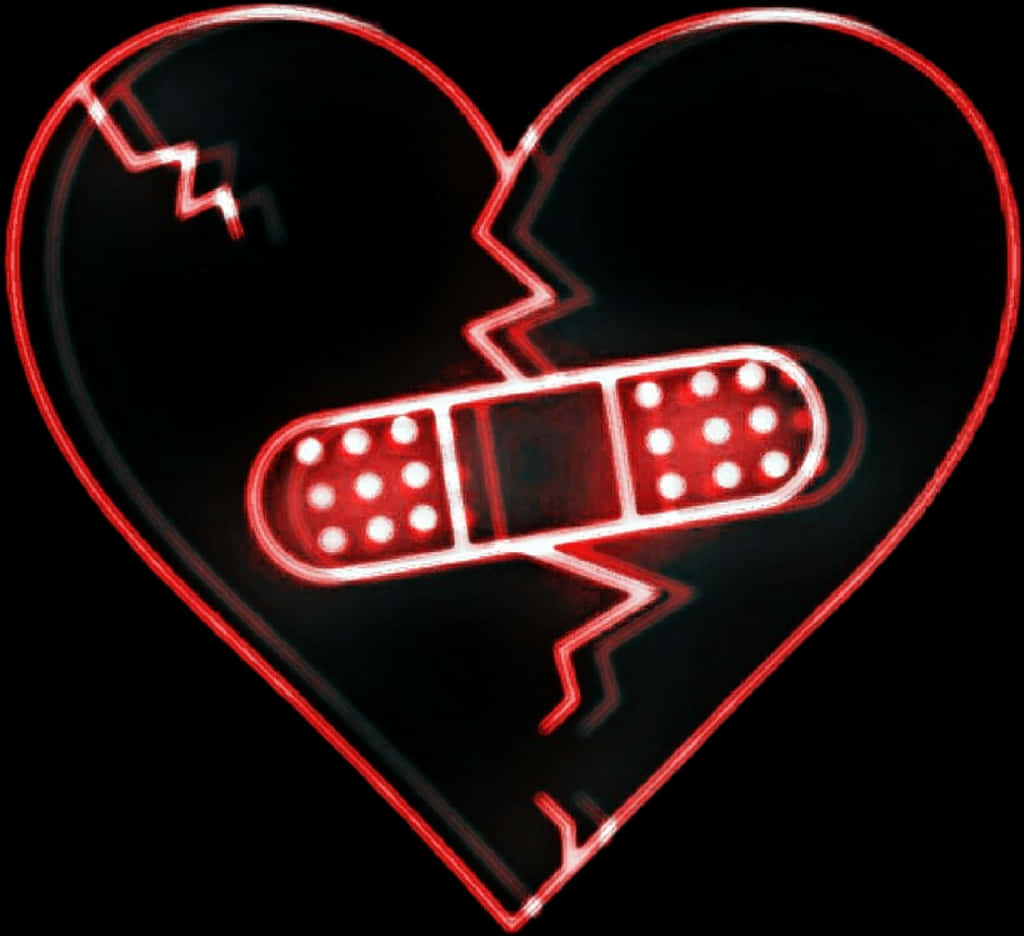 Neon Broken Heartwith Bandaid PNG Image