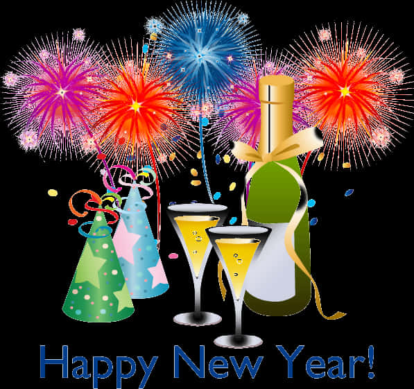 New Year Celebration Fireworksand Champagne PNG Image