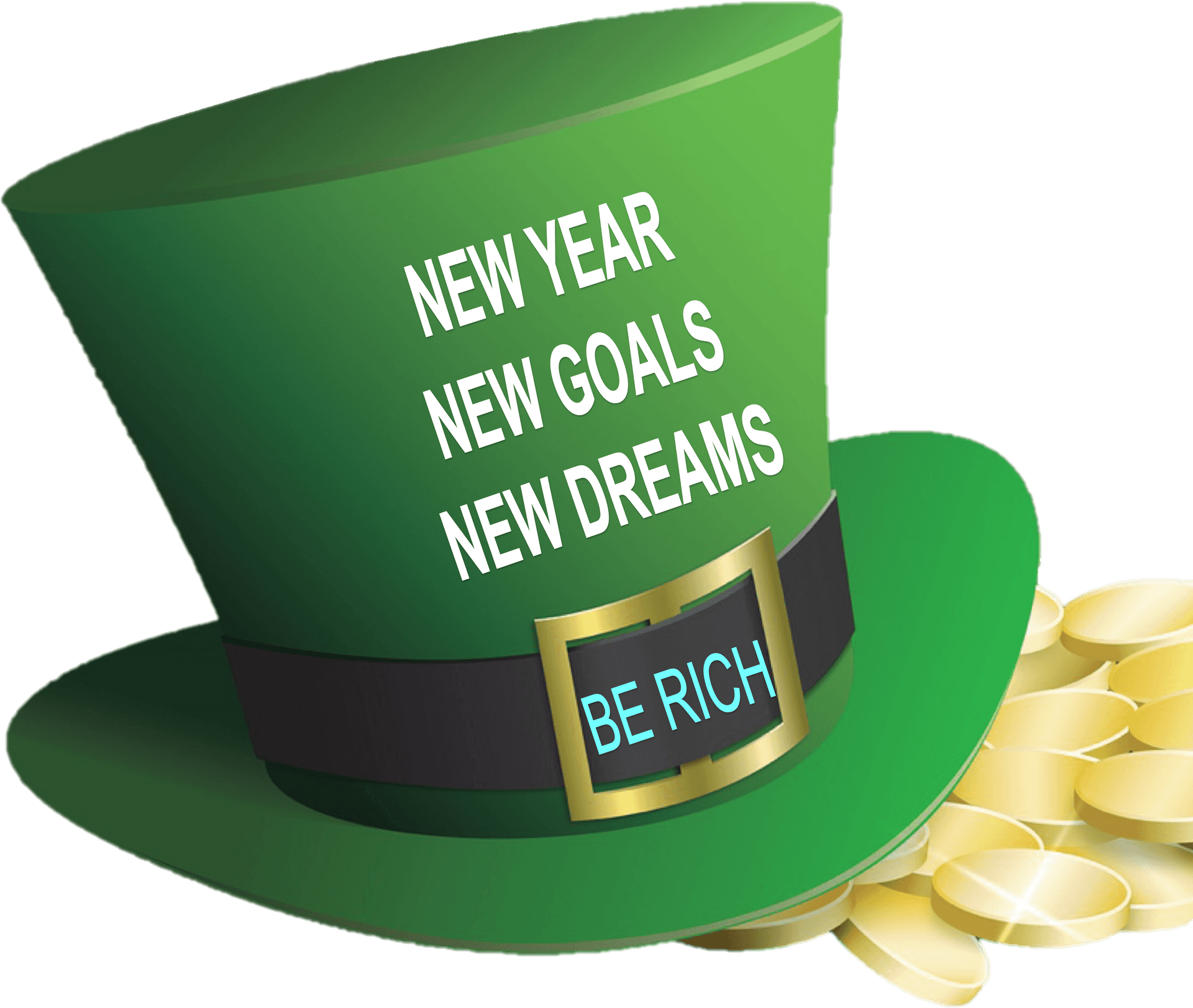 New Year Goals Green Top Hat With Gold Coins PNG Image