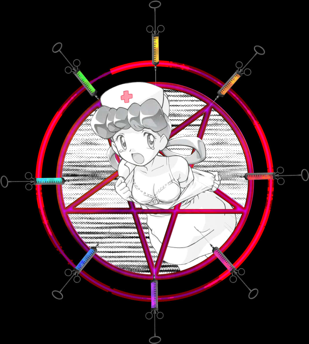 Nurse Character In Pentagram With Syringes PNG Image