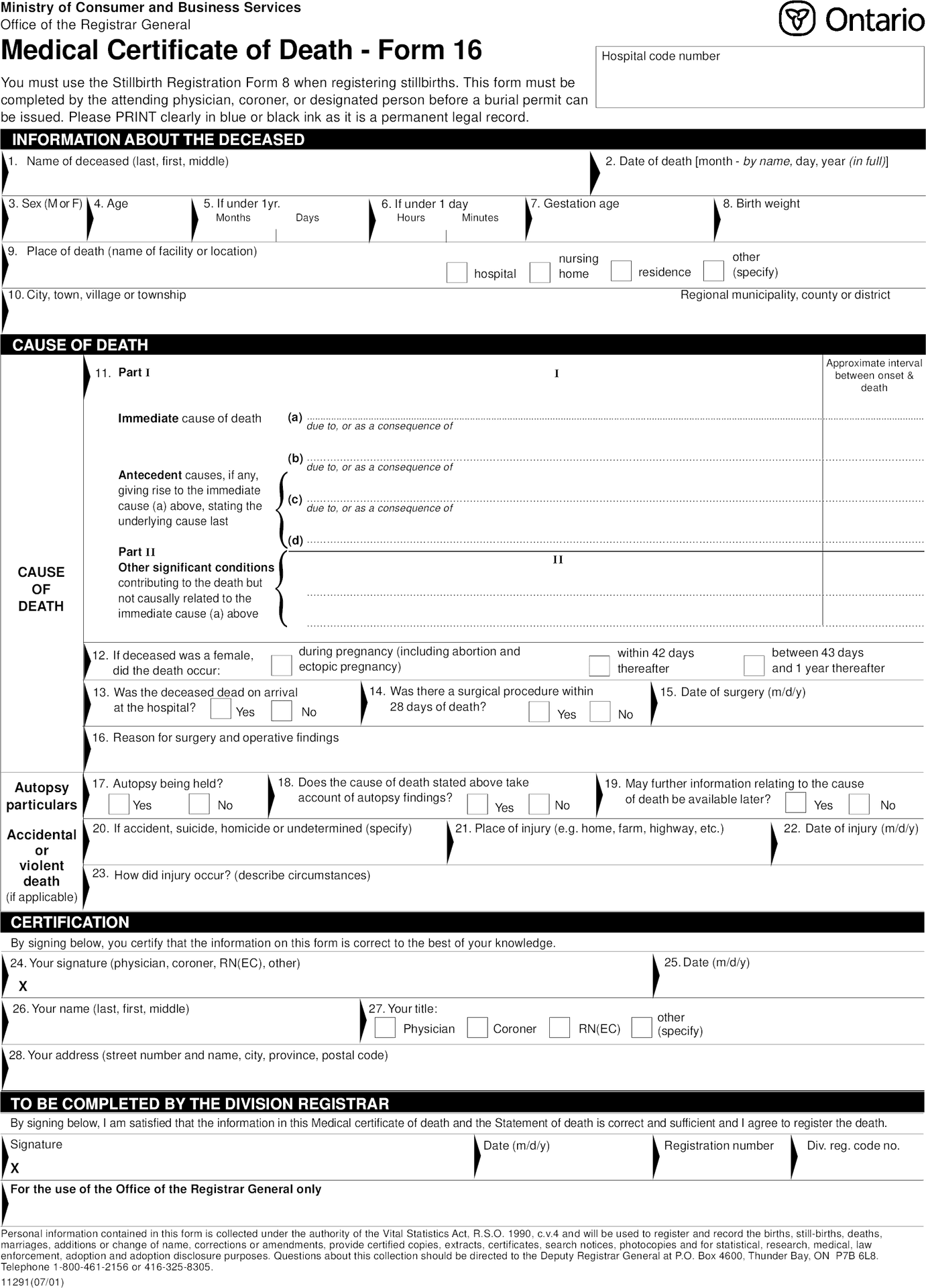 Ontario Medical Certificateof Death Form PNG Image