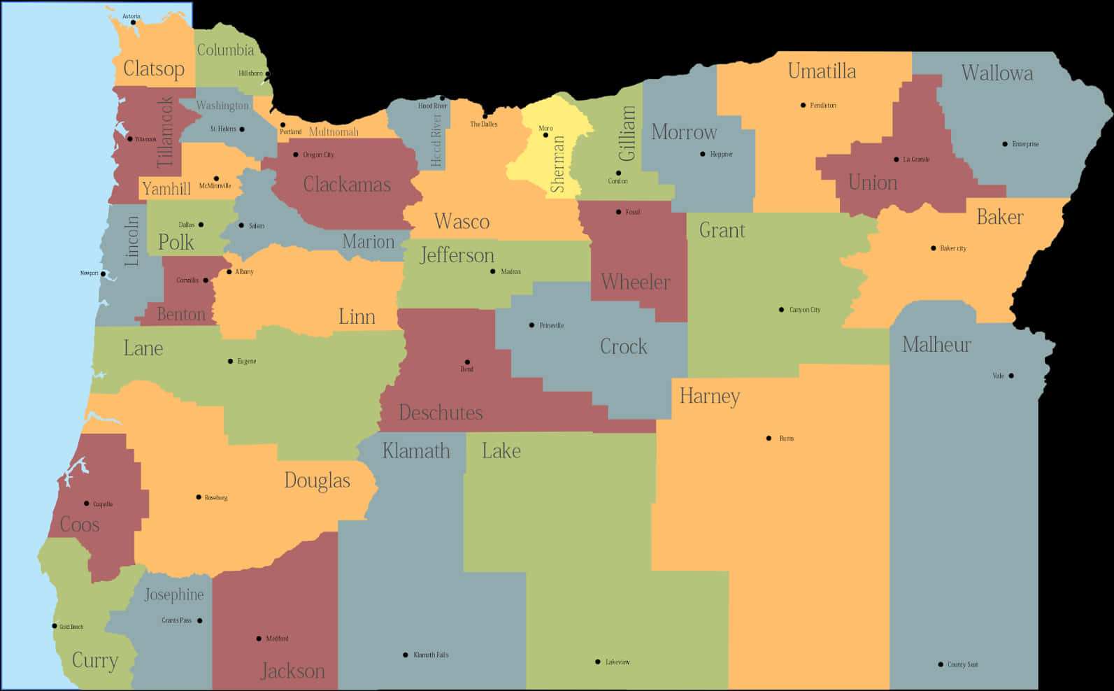 Oregon County Map Color Coded PNG Image