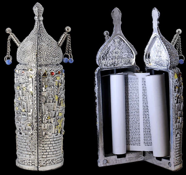 Ornate Silver Torah Scroll Case PNG Image