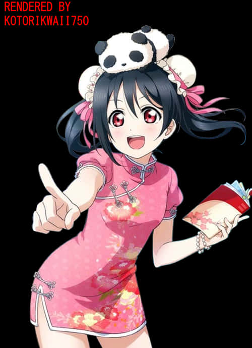 Panda Hat Anime Girlin Pink Cheongsam PNG Image