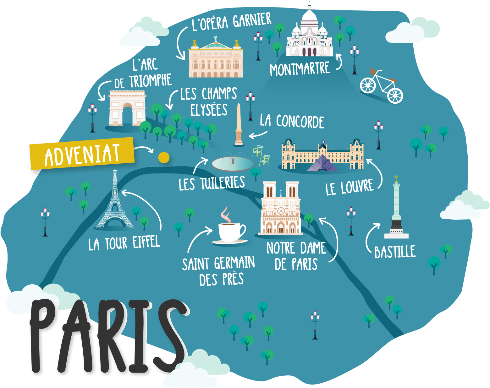 Paris Landmarks Illustrated Map PNG Image