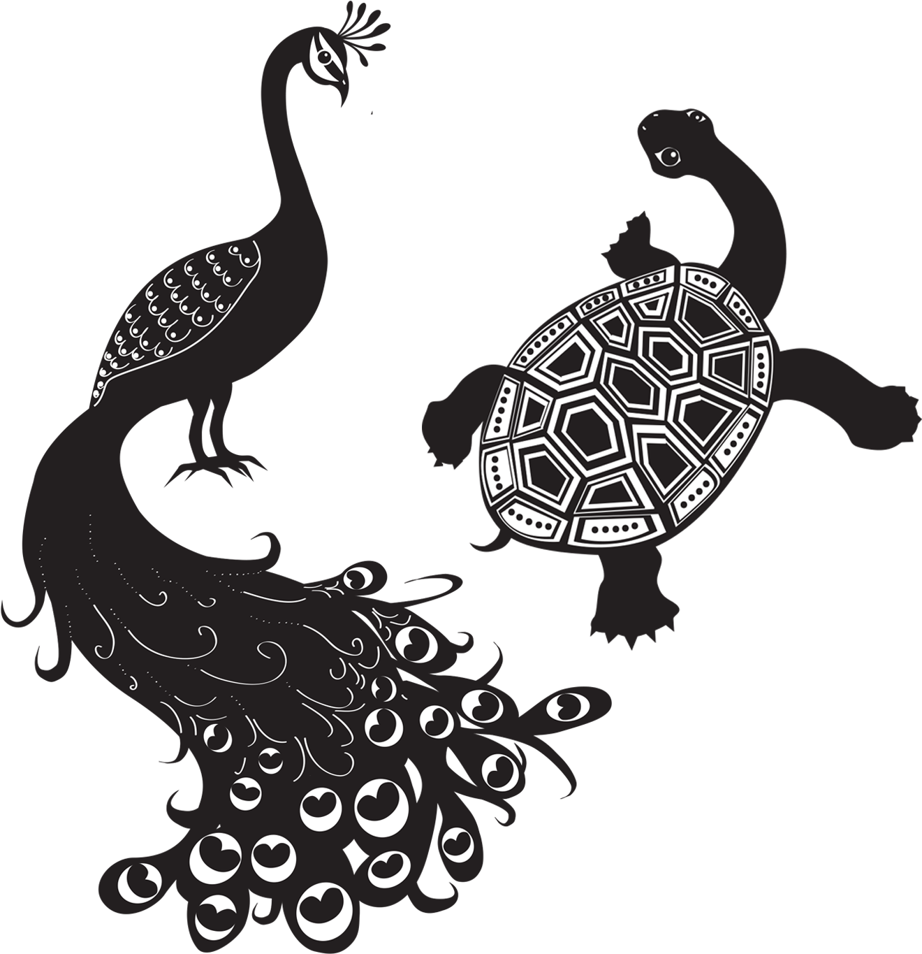 Peacock_and_ Tortoise_ Stylized_ Artwork PNG Image