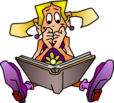 Pensive Cartoon Girl Reading Book PNG Image