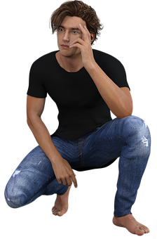 Pensive_ Man_ Crouching_in_ Black_ Shirt PNG Image