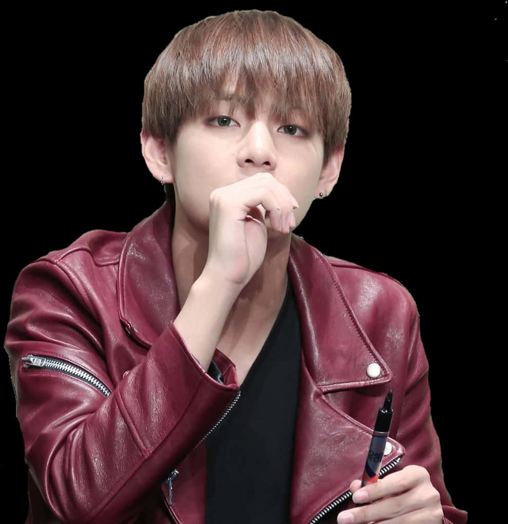 Pensive_ Man_in_ Red_ Leather_ Jacket PNG Image