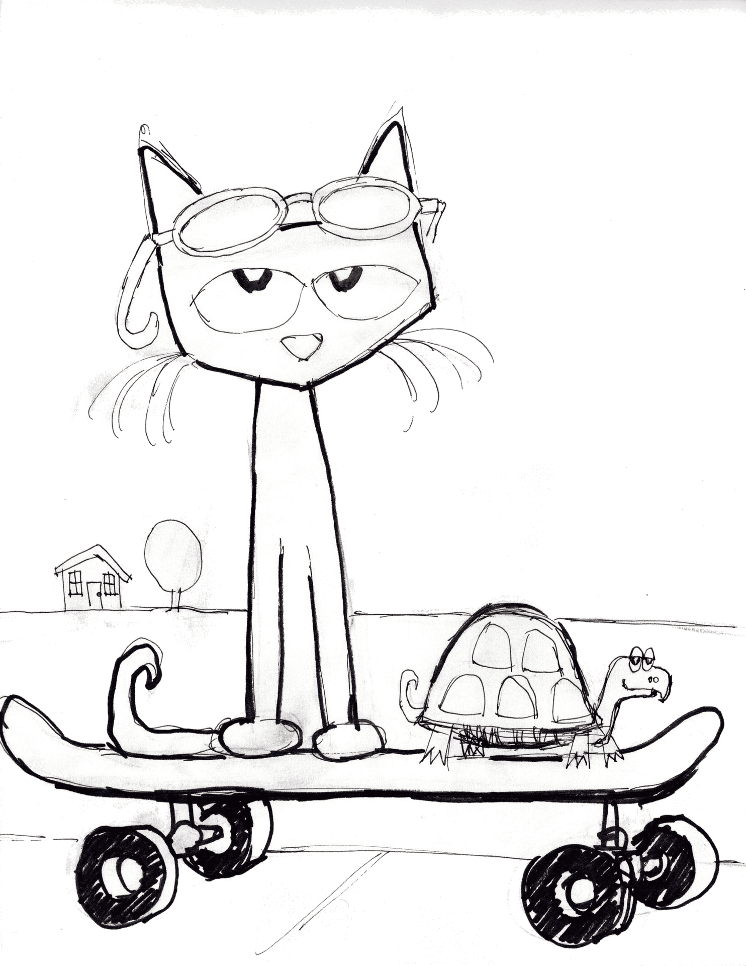 Pete The Cat Skateboarding With Turtle Friend PNG Image