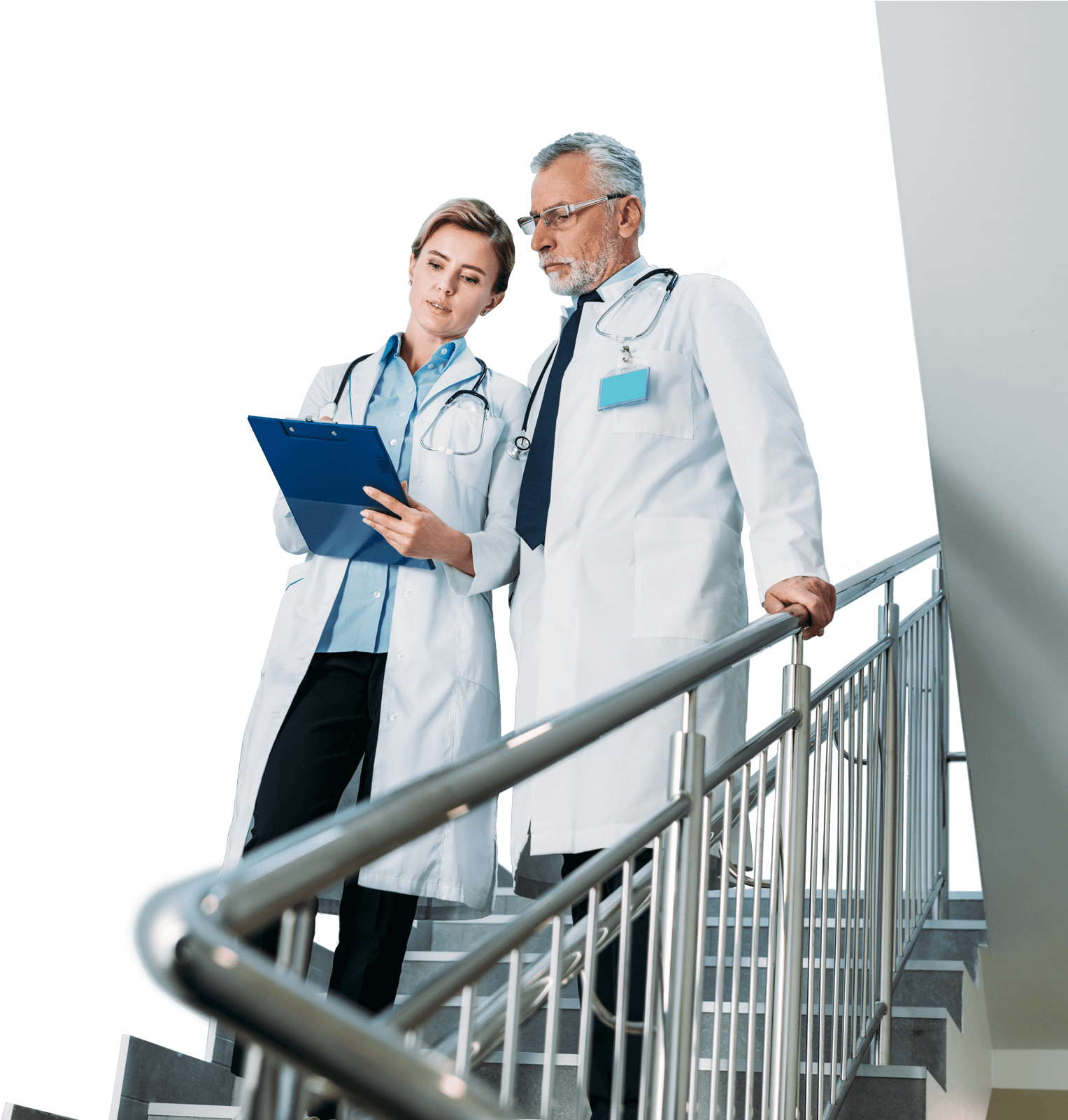 Physicians Discussing Medical Case On Stairs PNG Image