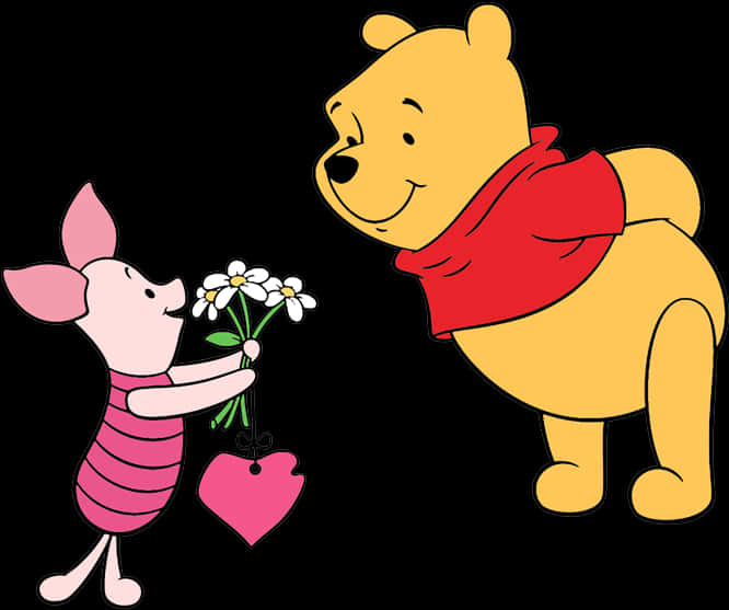 Piglet Giving Flowersto Pooh PNG Image