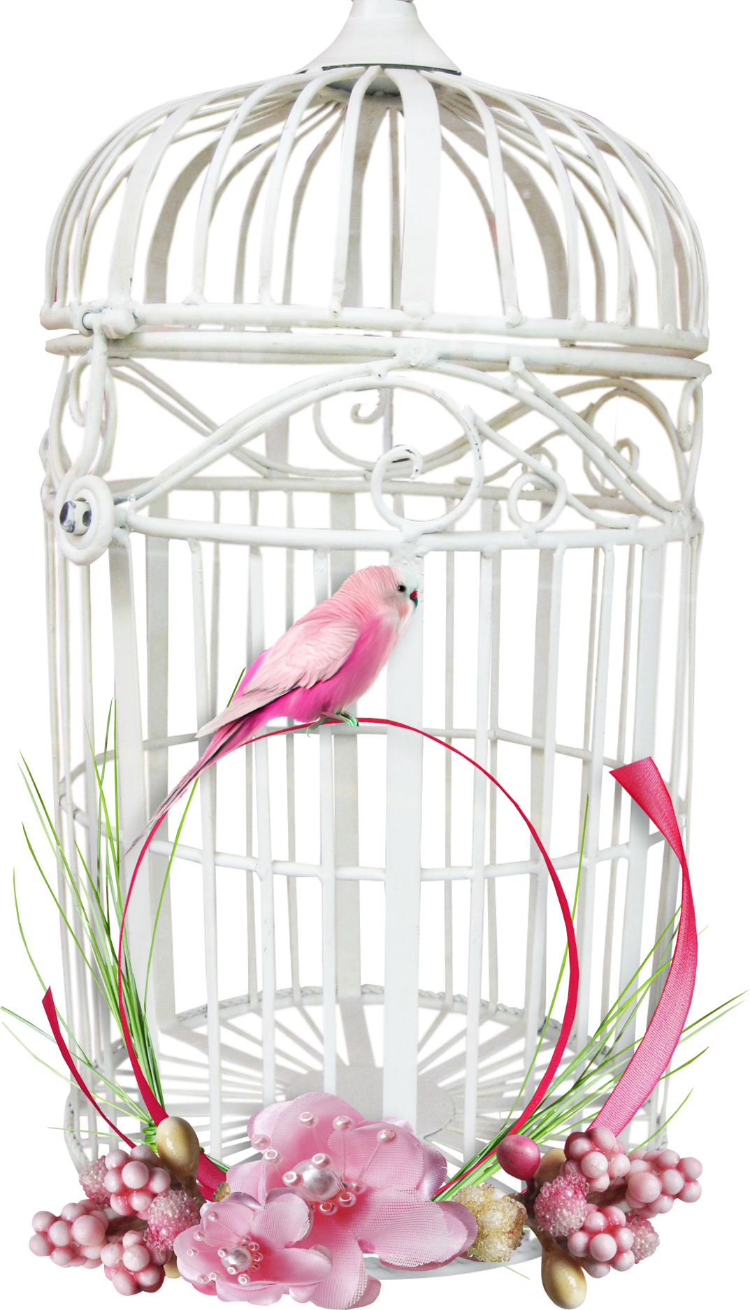 Pink Bird White Cage Floral Decoration.png PNG Image